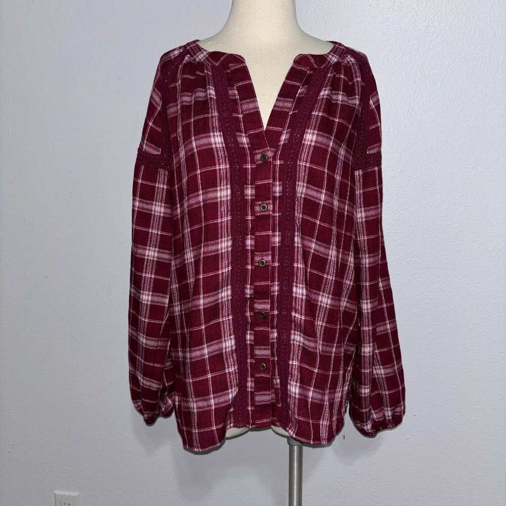 Kate & Sam Burgundy Plaid Peasant Blouse M‎ Lace Trim Long Sleeve Boho Casual